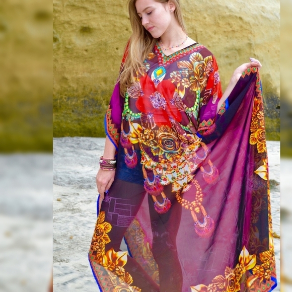 NEW FLAME & Flamingo Maroon Luv Kaftan One Size Sheer Beachy Dessert Summer - Picture 12 of 12